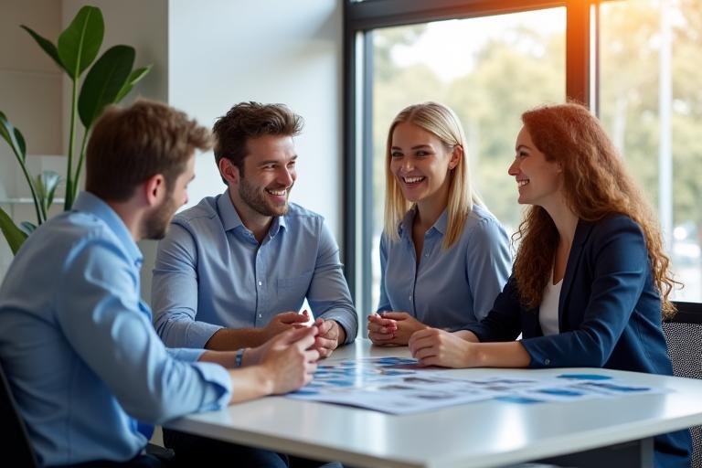 Diverse team discussing smart energy solutions in a modern office