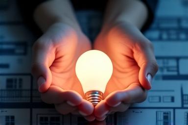Hand holding a lightbulb over a blueprint, symbolizing energy efficiency ideas